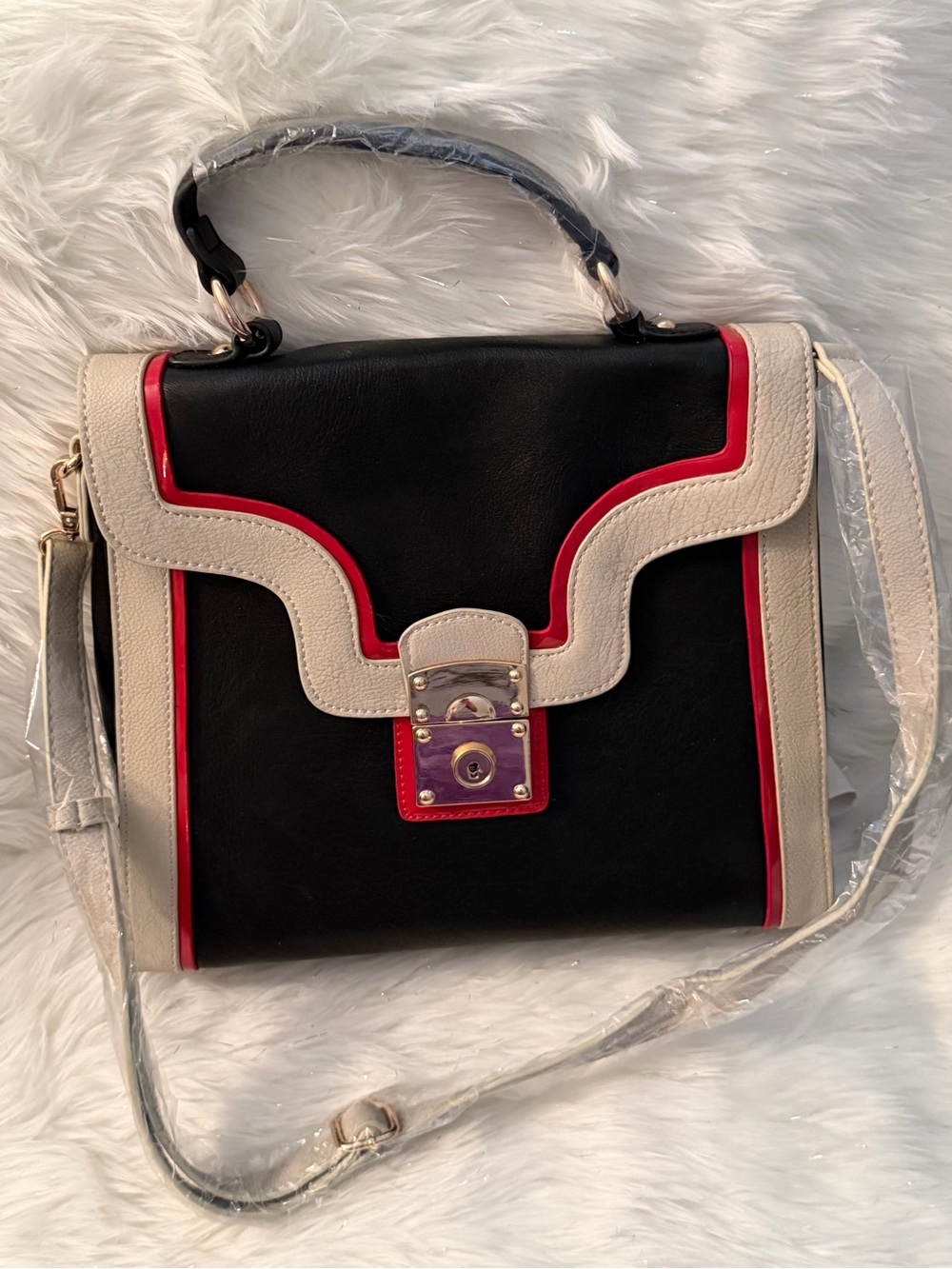 Source Unknown Black Satchel with Cream Trim and Red Piping